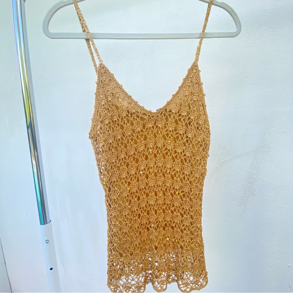 Y2K Gold Crochet Sequin Fairy Tank Top Size Large L